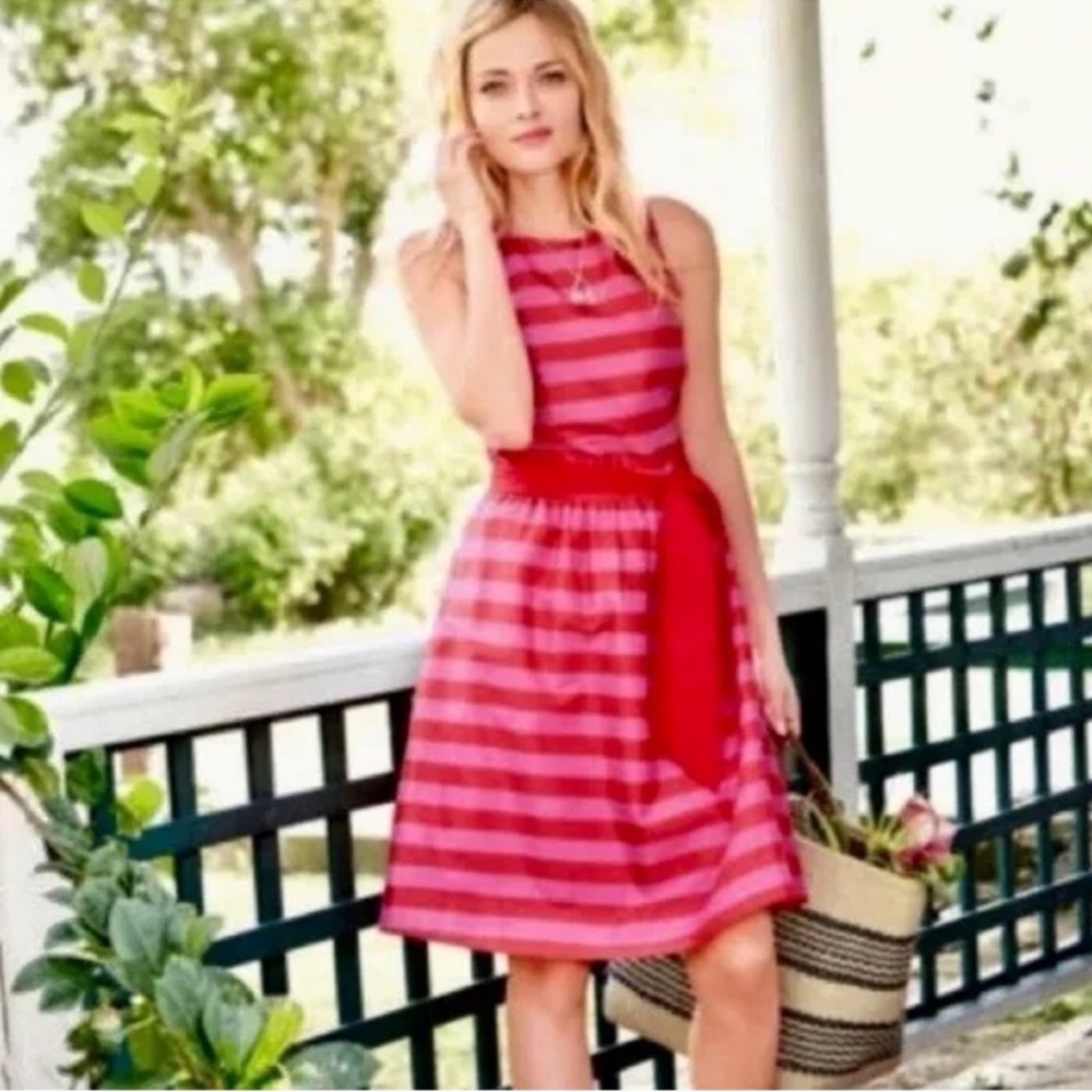GARNET HILL Red/Pink Striped Cotton Dress With Waist‎ Tie Size 8